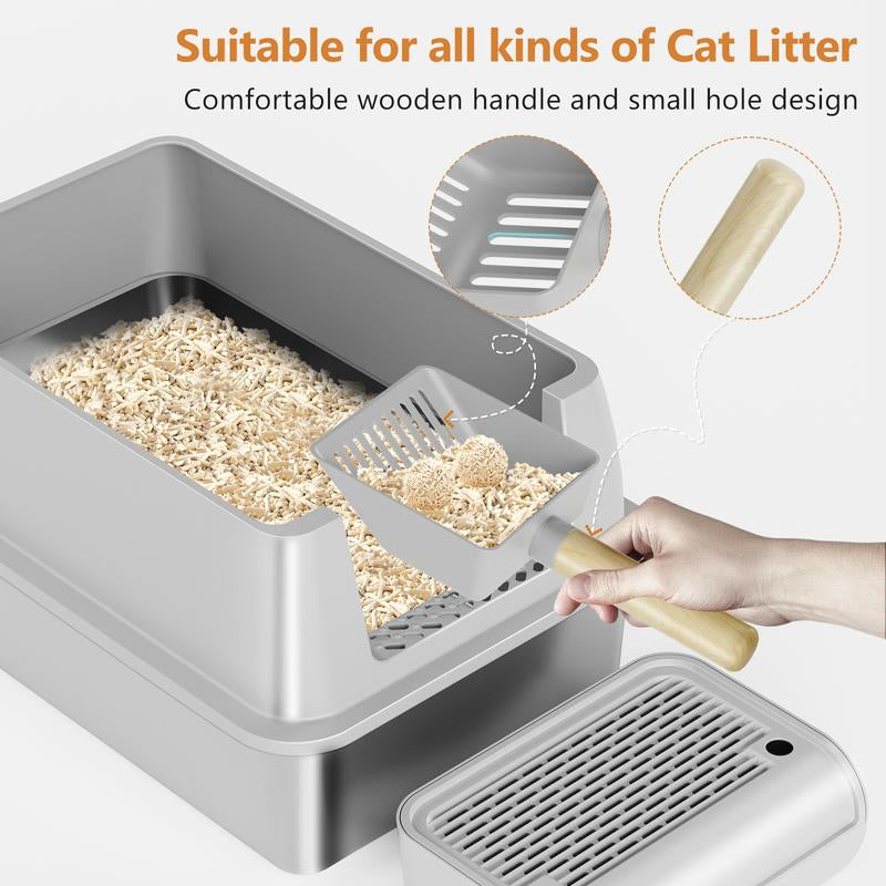 XL Stainless Steel Cat Litter Box with High Sided Enclosure, Removable Metal Scoop, Anti-Leakage, Non-Sticky, Easy to Clean (Grey)