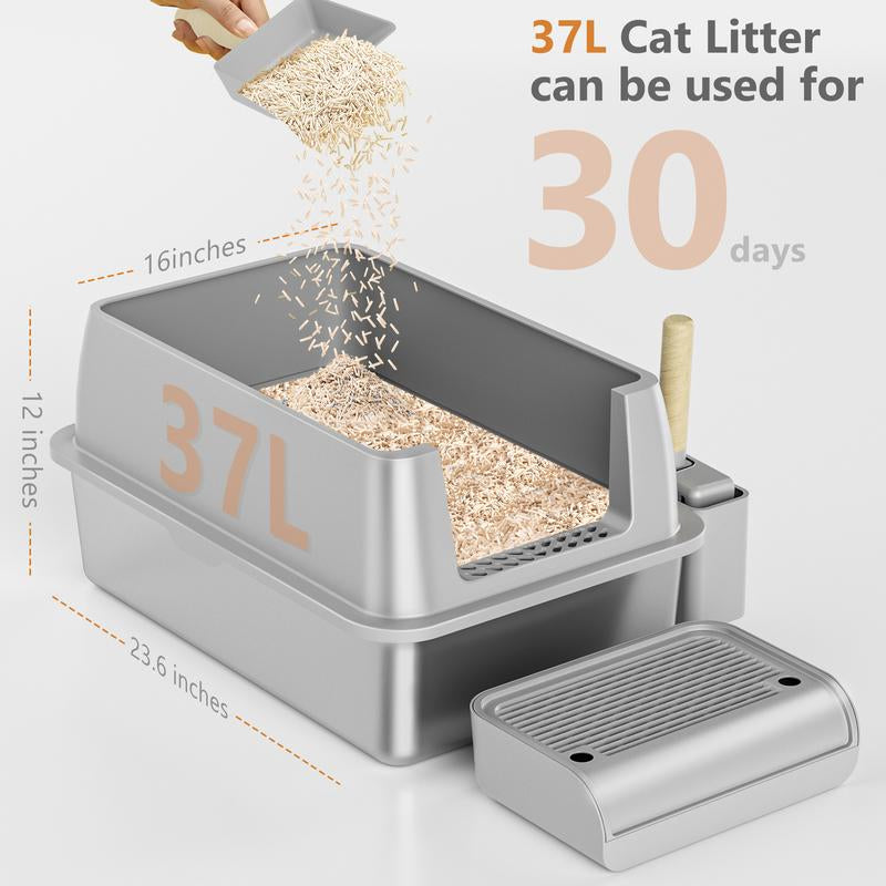 XL Stainless Steel Cat Litter Box with High Sided Enclosure, Removable Metal Scoop, Anti-Leakage, Non-Sticky, Easy to Clean (Grey)