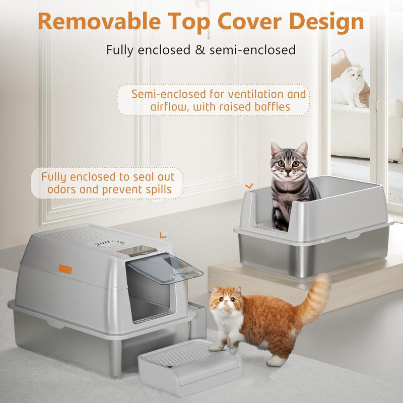 XL Stainless Steel Cat Litter Box with High Sided Enclosure, Removable Metal Scoop, Anti-Leakage, Non-Sticky, Easy to Clean (Grey)