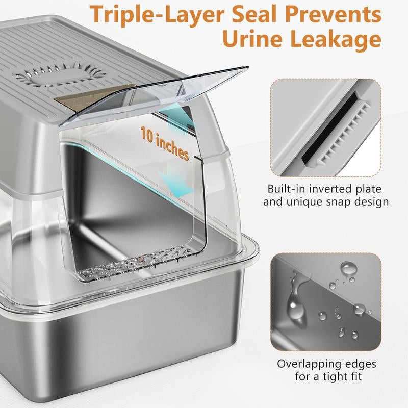 XL Stainless Steel Cat Litter Box with High Sided Enclosure, Removable Metal Scoop, Anti-Leakage, Non-Sticky, Easy to Clean (Grey)