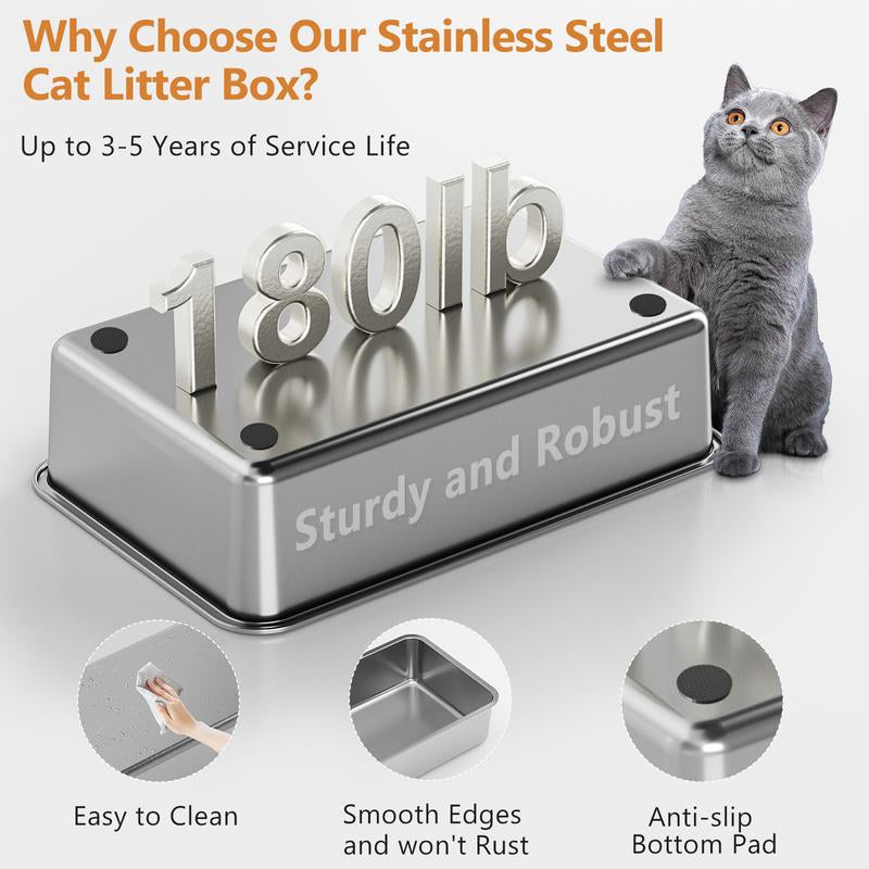 XL Stainless Steel Cat Litter Box with High Sided Enclosure, Removable Metal Scoop, Anti-Leakage, Non-Sticky, Easy to Clean (Grey)