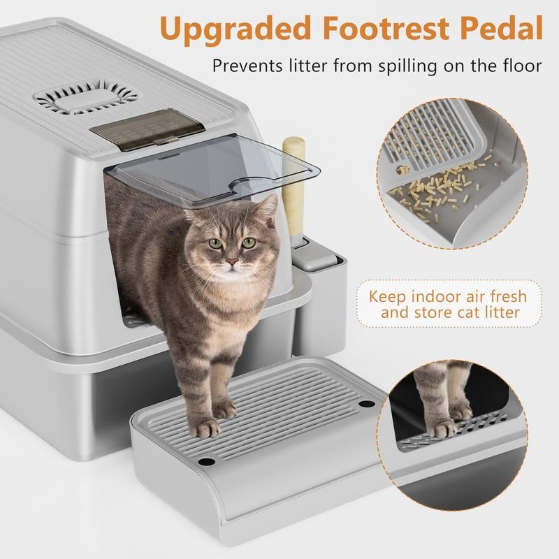 XL Stainless Steel Cat Litter Box with High Sided Enclosure, Removable Metal Scoop, Anti-Leakage, Non-Sticky, Easy to Clean (Grey)