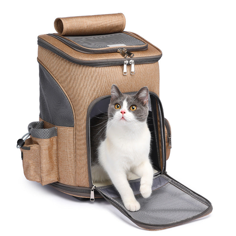 Foldable Trolley Pet Backpack with Universal Wheels, Travel Carrier for Cats and Dogs