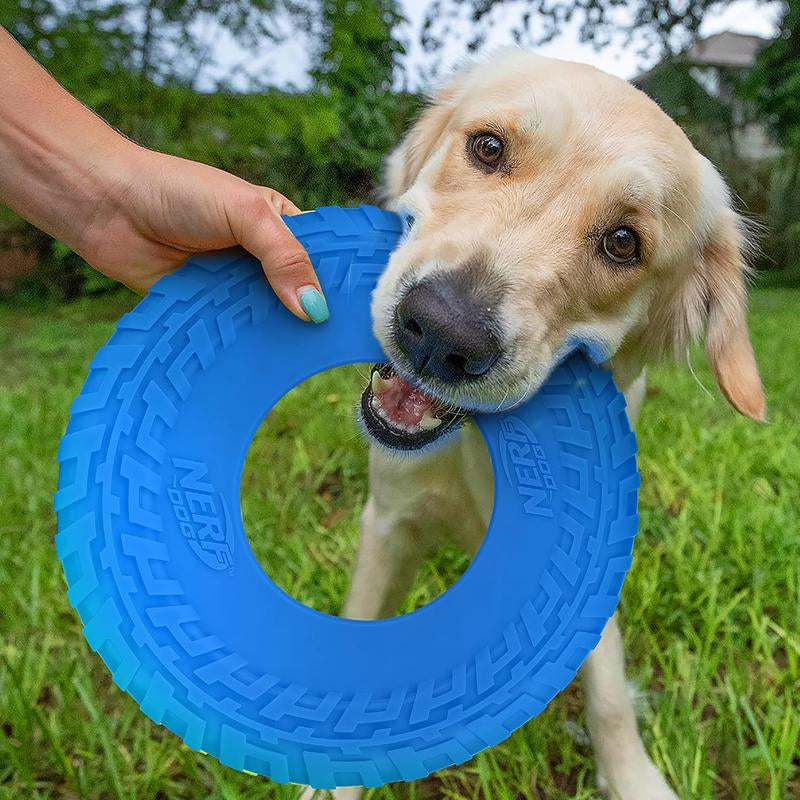 Durable 10-Inch Rubber Tire Flyer Dog Toy - Flying Disc for Medium/Large Breeds, Floats in Water, Ideal for Beach & Pool Play, Blue