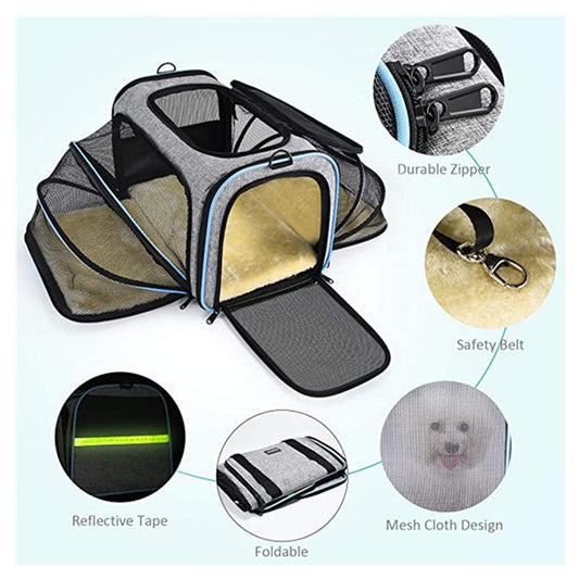 Expandable Soft Pet Carrier – Airline-Approved Cat & Dog Travel Bag with Reflective Tapes and Openable Doors