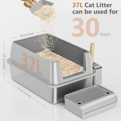 XL Stainless Steel Cat Litter Box with High Sided Enclosure, Removable Metal Scoop, Anti-Leakage, Non-Sticky, Easy to Clean (Grey)