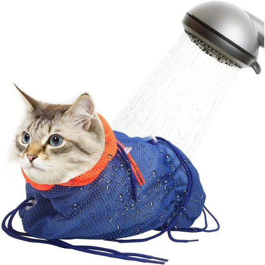 Breathable Mesh Cat Grooming Bag for Bathing & Nail Trimming, Adjustable Anti-Scratch Polyester Washing Bag (Blue-Orange)