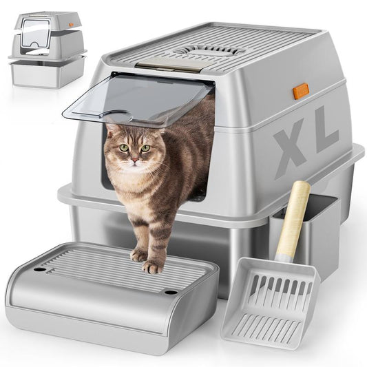 XL Stainless Steel Cat Litter Box with High Sided Enclosure, Removable Metal Scoop, Anti-Leakage, Non-Sticky, Easy to Clean (Grey)