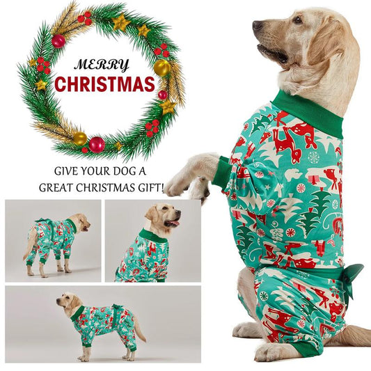 Funny Lovinpet Reindeer Dog Pajamas - Large Dog Christmas Onesie Costume with Green Bow
